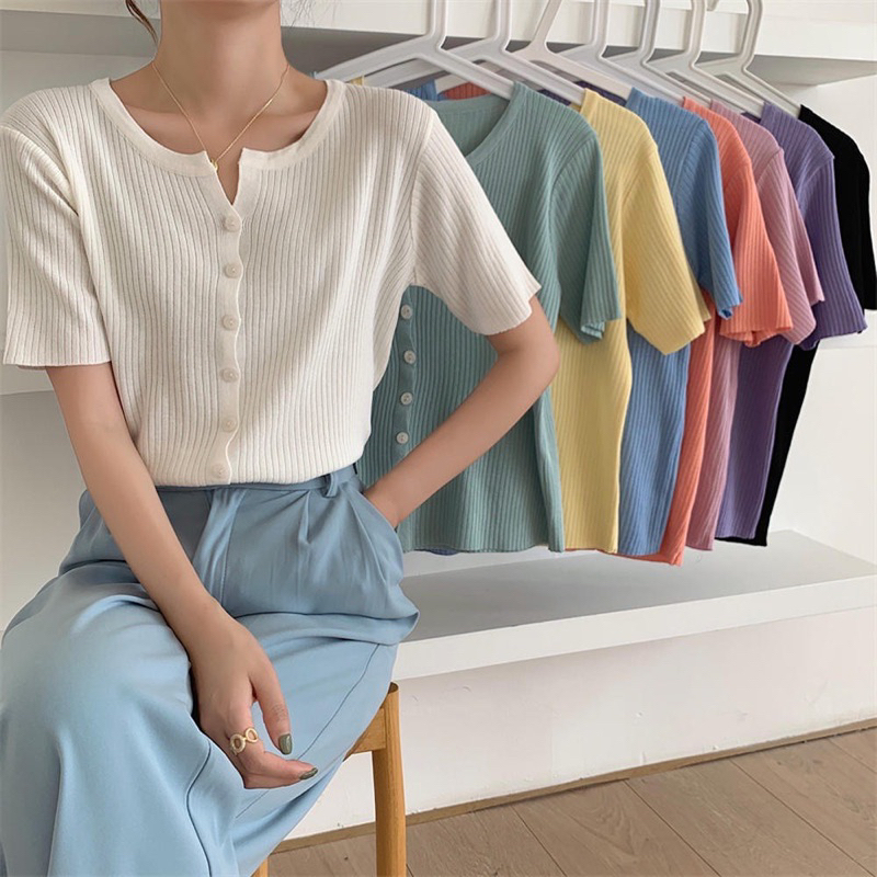 Áo len tăm khuy cài,cardigan len mongtoghi tay cộc dáng basic hàng qc A217