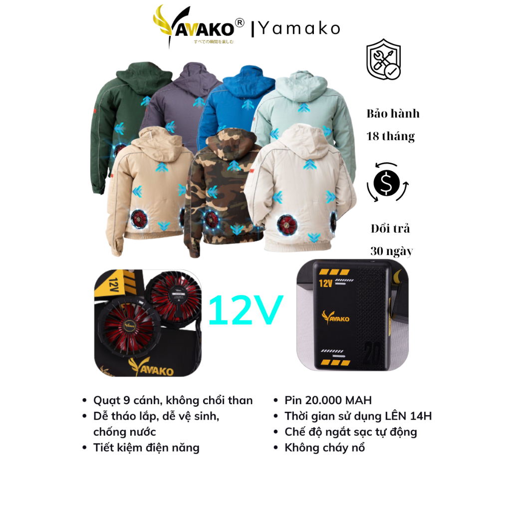 Áo quạt điều hoà Yamako Nhật Bản 12V - 20.000MAH Bao gồm 1 áo, 1 pin, 1 quạt, 1 dây sạc pin, 1 dây quạt - Màu Camo