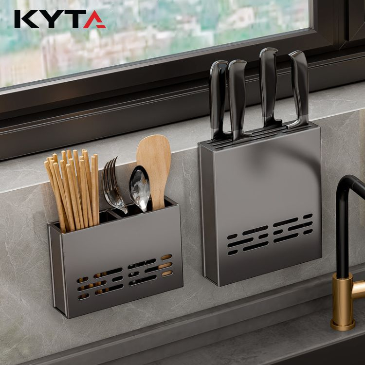 Hộp Đựng Dao Kéo Gắn Tường HỢP KIM NHÔM KYTA Cao Cấp - Kệ Đựng Đũa Thìa Sơn Tĩnh Điện Chống Han Gỉ - Kèm Ốc Vít, Keo Dán