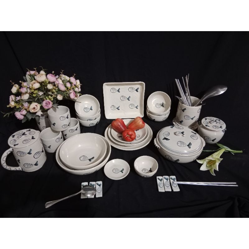 Bộ bát, đĩa, thố cá, hàng vuốt tay Bát Tràng