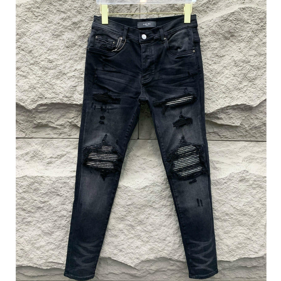 Quần JEAN Nam Amiri 4 Khuy Vá Gối Nhăn Đùi Like_auth Quần Bò AMIRI Skinny Rách Gối Vá Vải Nhăn Loang Xám