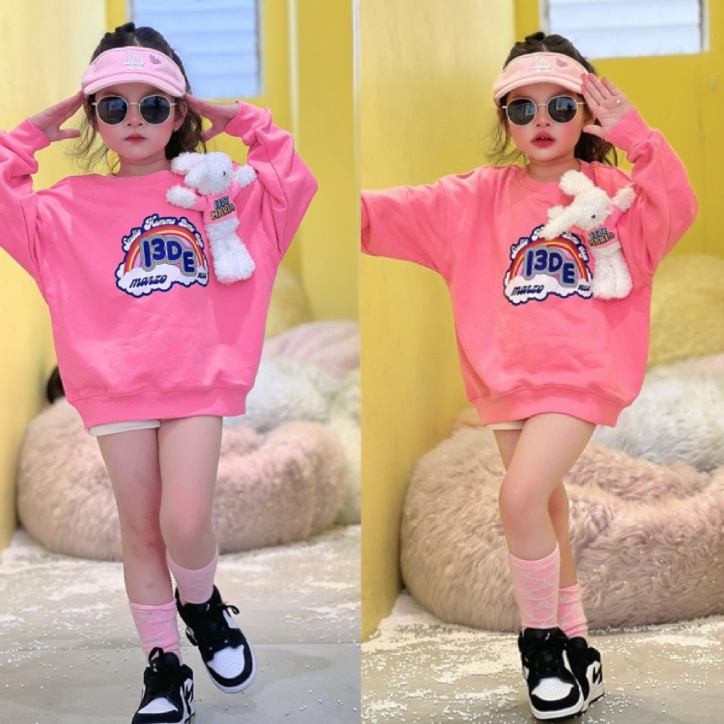 Áo nỉ cổ tròn thỏ 13 demarzo cầu vồng cho bé , áo sweater trẻ em unisex , Kid_genz