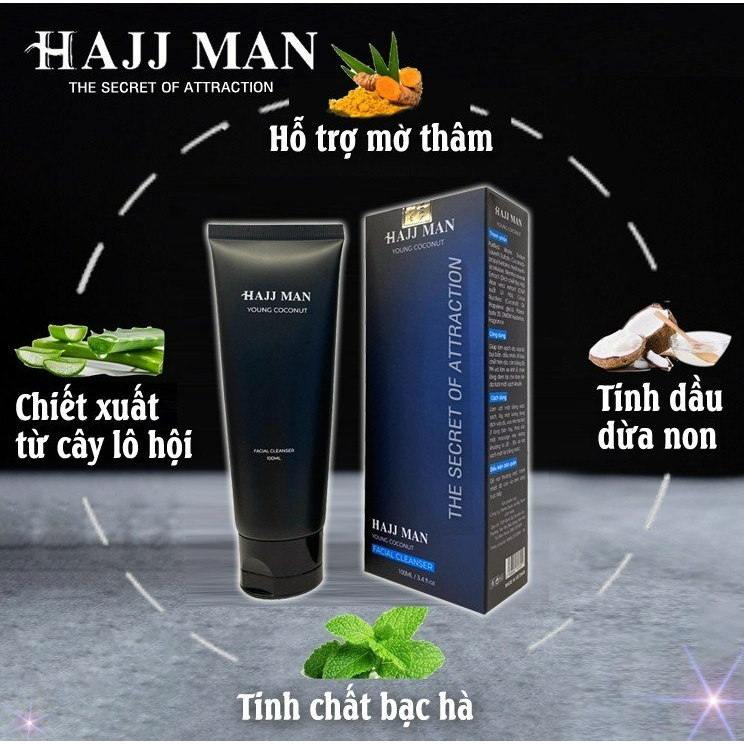 Sữa rửa mặt nam HAJJ MAN Young Coconut 100ml hương dừa thơm mát giúp làm sạch mọi bụi bẩn 100ml - Hàng Chính Hãng