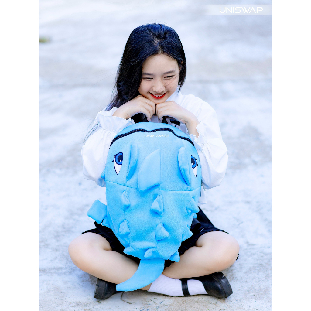 Balo khủng long - Balo rồng đựng được laptop VẢI NHUNG 2 LỚP - MÀU XANH DƯƠNG