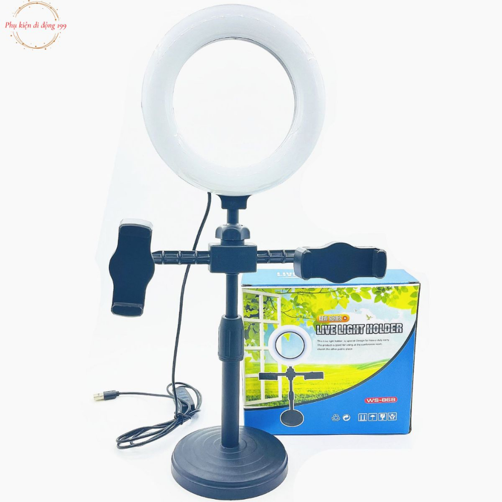 Đèn livestream để bàn 16cm có đèn 3 màu 2 kẹp điện thoại, Đèn livestream 2 kẹp quay video review sản phẩm