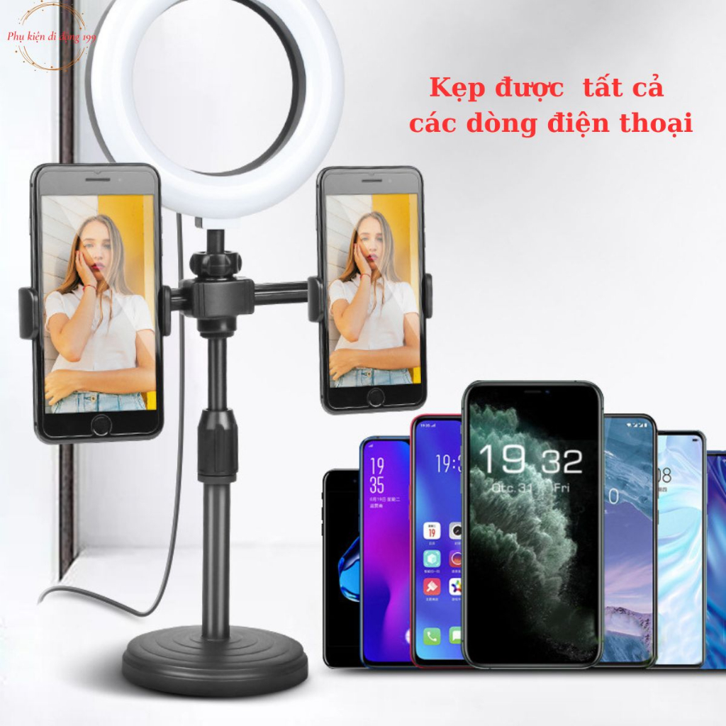 Đèn livestream để bàn 16cm có đèn 3 màu 2 kẹp điện thoại, Đèn livestream 2 kẹp quay video review sản phẩm