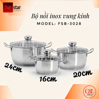 Bộ nồi fivestar 3 cool nắp kính inox 430
