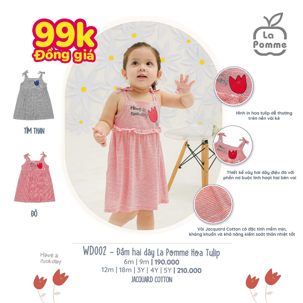 WD002 Đầm hai dây La Pomme hoa Tulip - kẻ