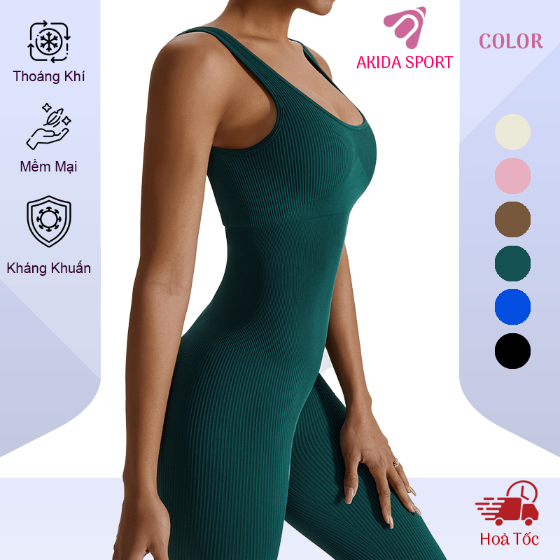 Bộ Tập Yoga GYM J-6848 Jumpsuit Liền Thân Dệt Kim Gân Tăm Cổ Chữ U Siết Eo Siêu Tôn Dáng