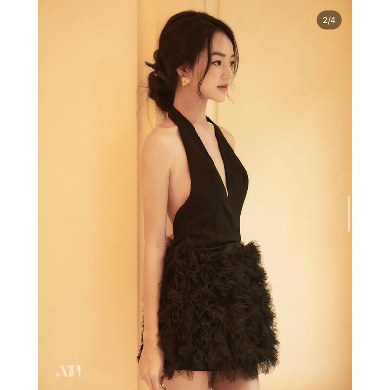 Đầm yếm đen phối tùng lưới Chu Mij