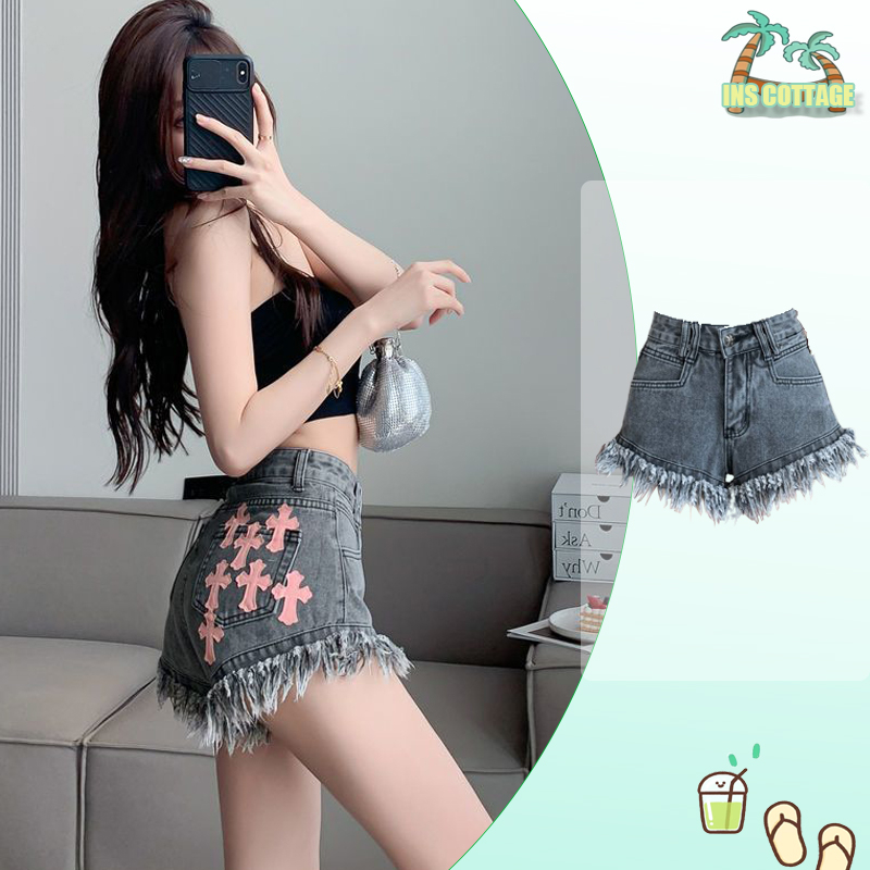 【INS】Quần short denim cạp cao tua rua nữ mùa hè quần đùi nữ Bigsize phong cách nước ngoài raw edge quần short nữ