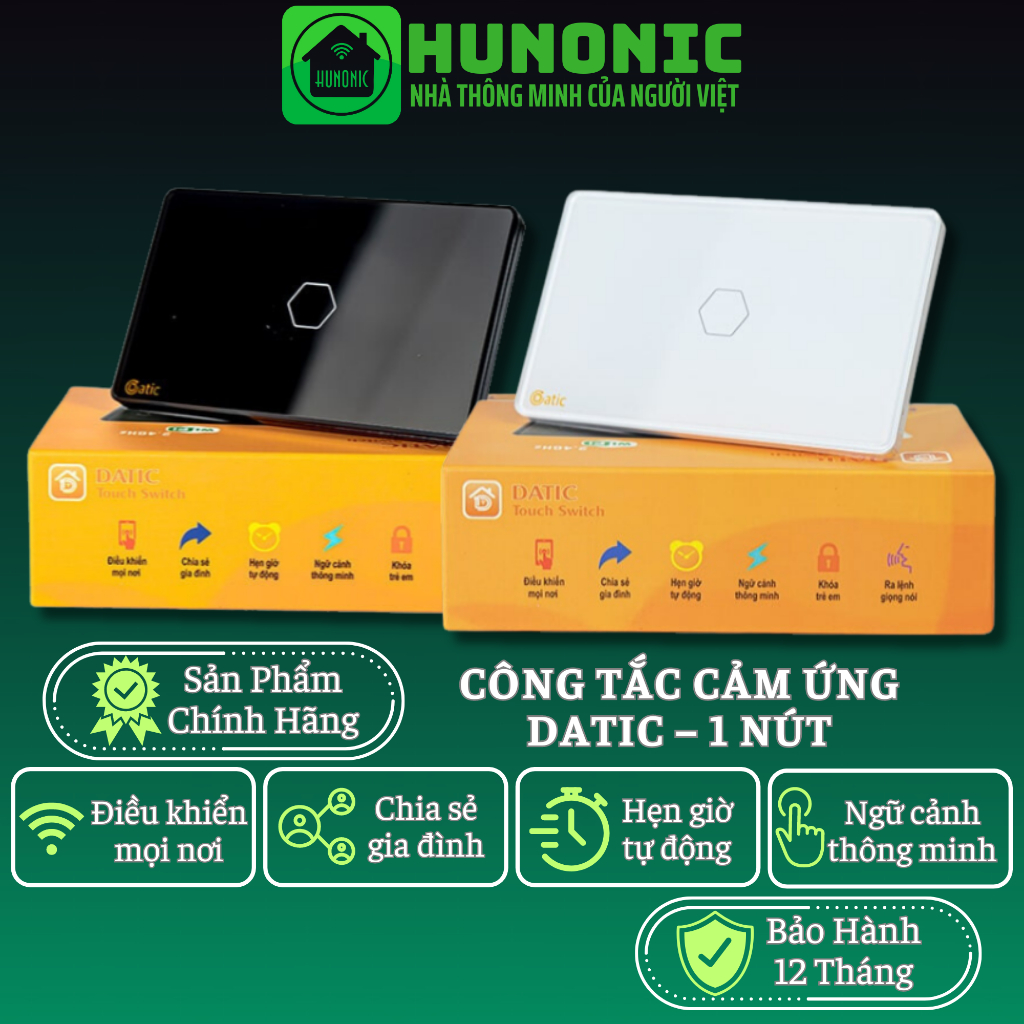 Công tắc cảm ứng Hunonic Datic 1 nút kết nối Wifi điều khiển mọi thiết bị từ xa qua điện thoại, 2 màu trắng và đen