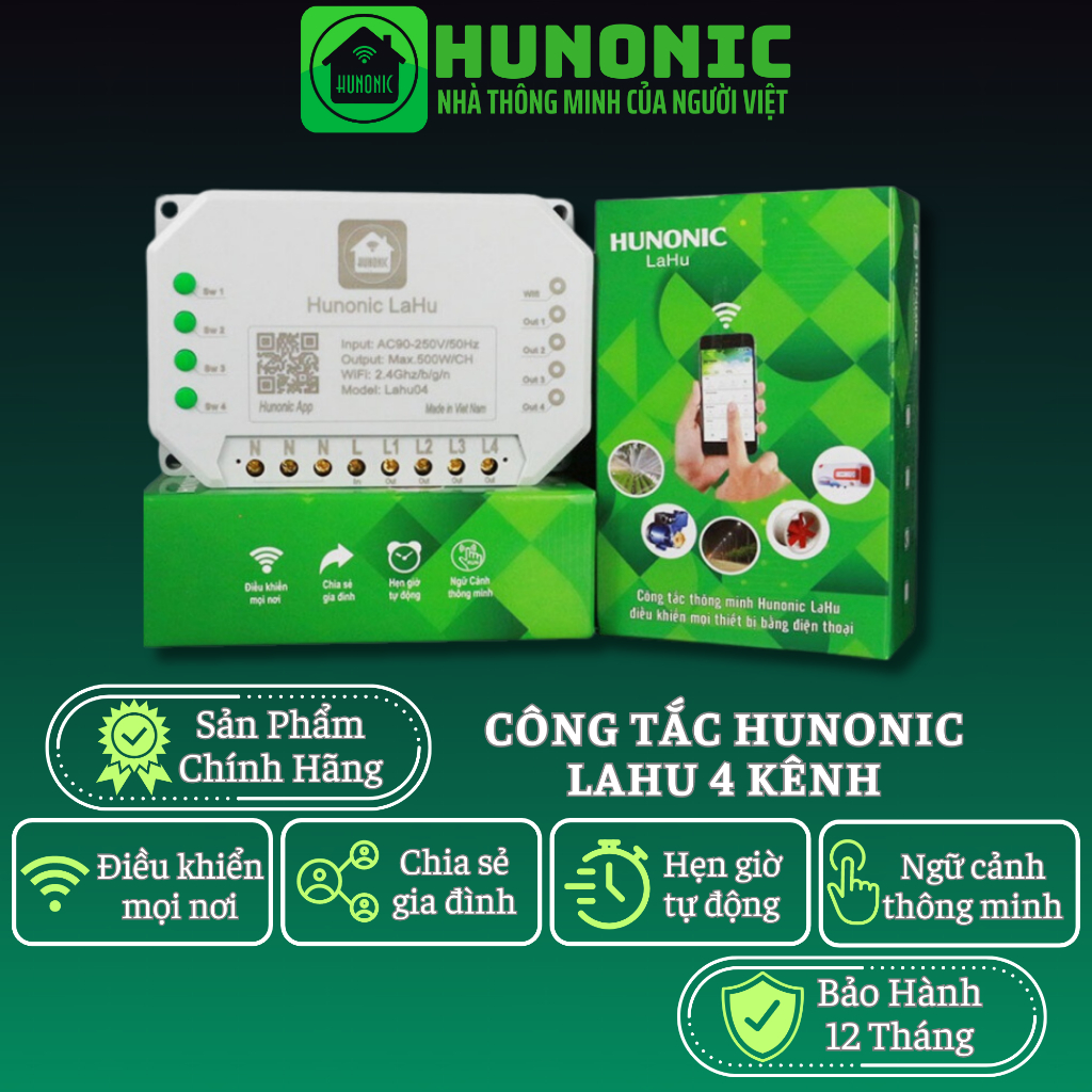 Công tắc thông minh kết nối Wifi Hunonic Lahu 4 kênh - 500W/kênh điều khiển mọi thiết bị từ xa qua điện thoại