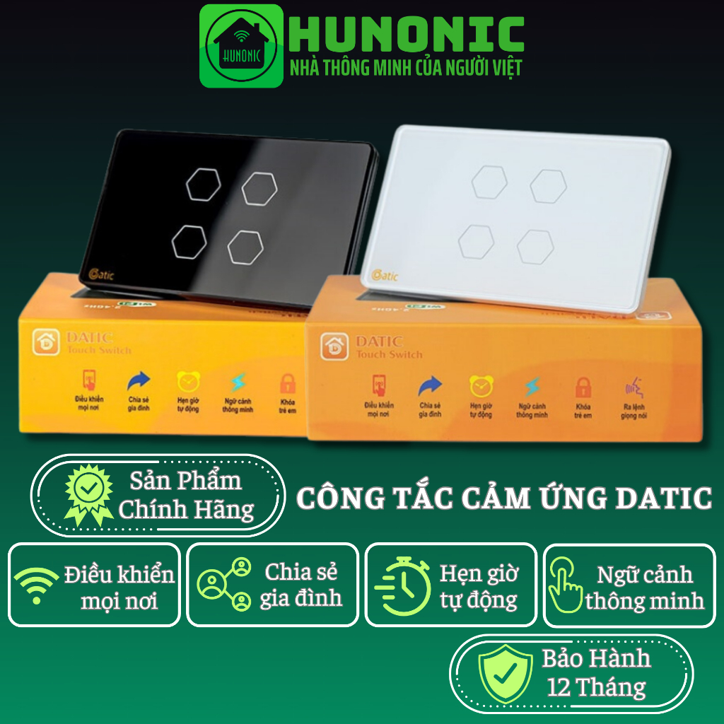 Công tắc cảm ứng Hunonic Datic 1-2-3-4 nút kết nối Wifi điều khiển mọi thiết bị từ xa qua điện thoại, 2 màu trắng và đen
