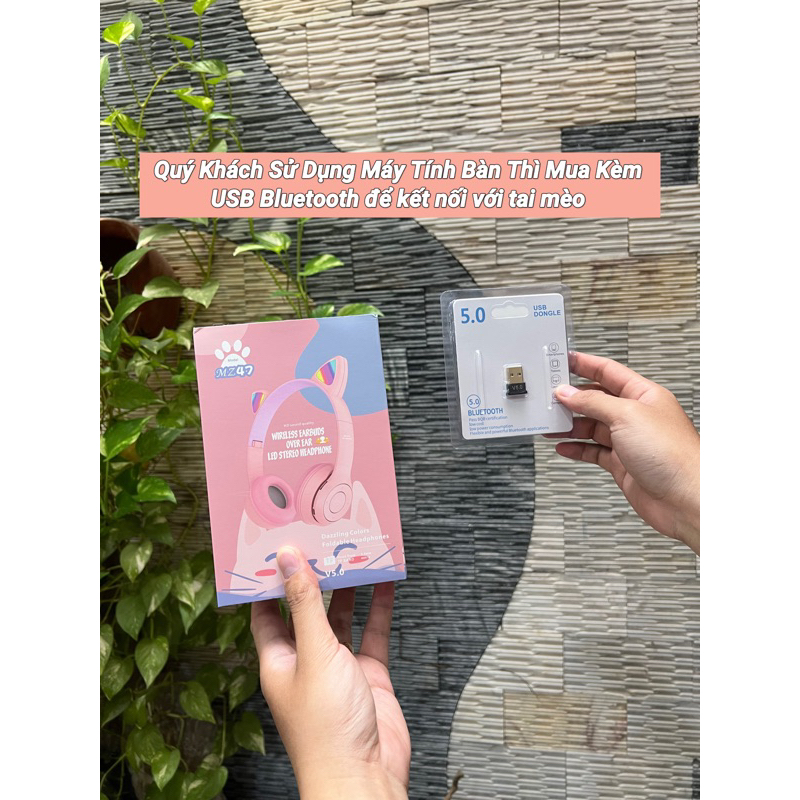 Tai Nghe Tai Mèo Không Dây Kết Nối Bluetooth P47 Có Khe Cắm Thẻ Nhớ