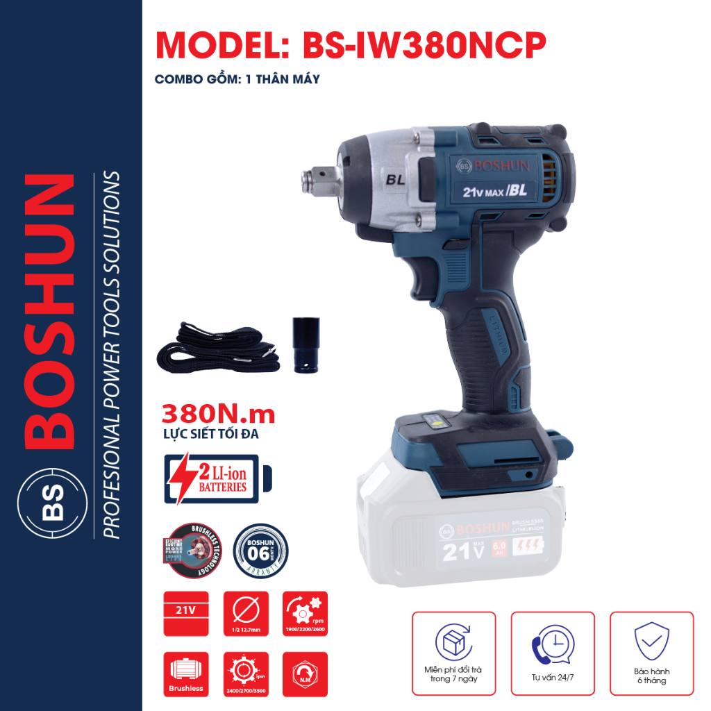 Thân máy siết bulong boshun BS-IW380NCP 380nm chân pin phổ thông - Không chổi than - đầu 2 trong 1 bảo hành chính hãng