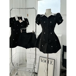 SET ÁO ĐEN CỔ SƠ MI PHỐI TRẮNG ĐÍNH HOA + SHORT