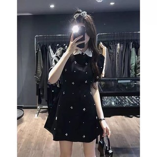 SET ÁO ĐEN CỔ SƠ MI PHỐI TRẮNG ĐÍNH HOA + SHORT