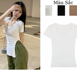 Áo CỔ VUÔNG SẺ TÀ, Áo Thun Tay Ngắn Màu Sắc Trơn Thiết Kế Xẻ Tà Quyến Rũ Dành Cho Nữ