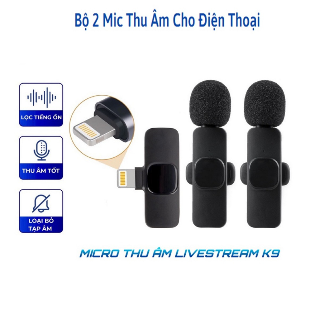 Hộp 2 Micro Thu Âm Không Dây K9 Cổng IP Quay Video, Livestream, Khử Tiếng Ồn, Lọc Âm Chuyên Nghiệp