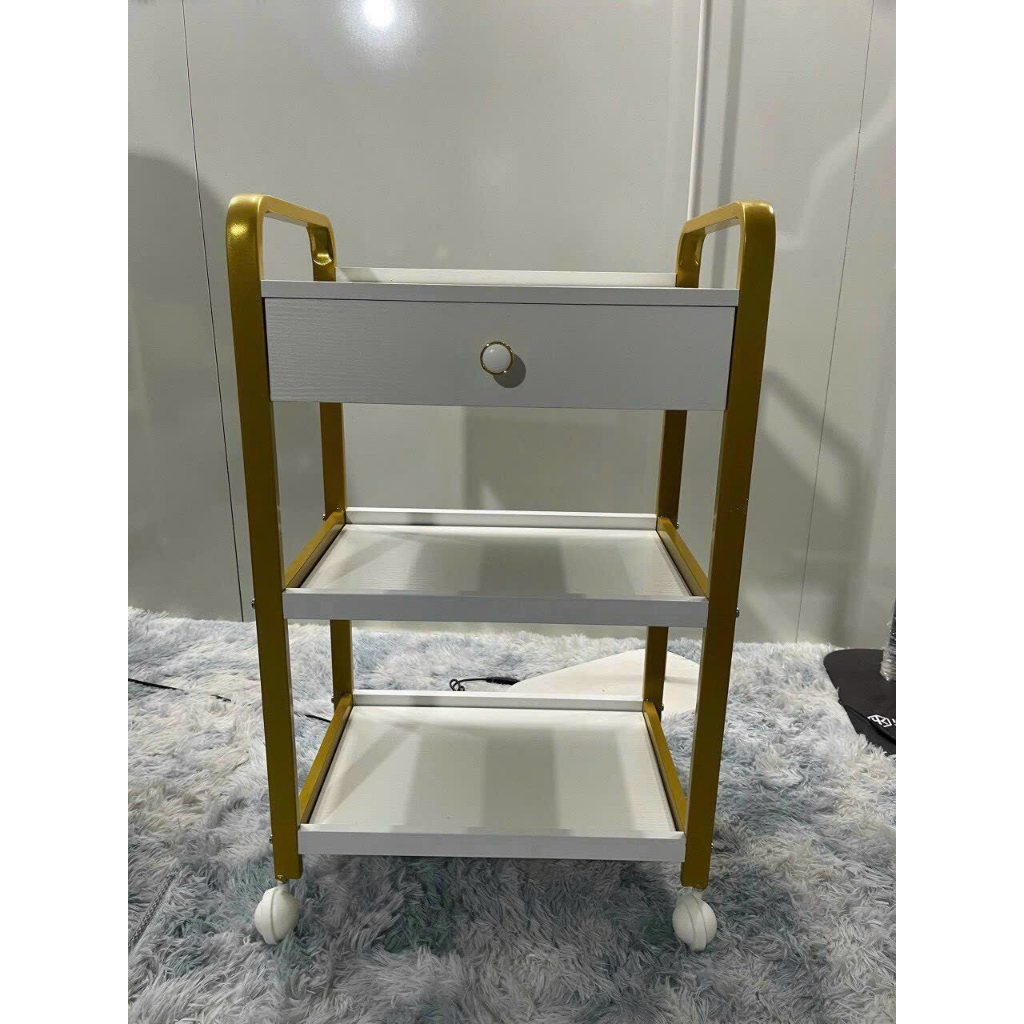 Xe Đẩy Mạ Vàng 3 Tầng có ngăn kéo dành cho Spa Cao Cấp