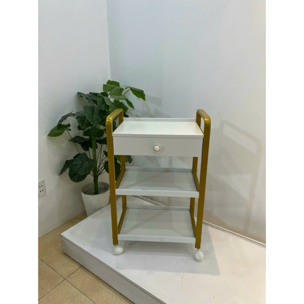 Xe Đẩy Mạ Vàng 3 Tầng có ngăn kéo dành cho Spa Cao Cấp