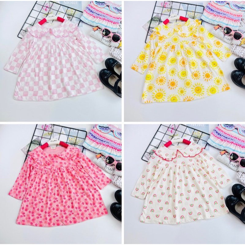 Áo váy dài tay babydoll bé gái cotton (10-26kg) 2023