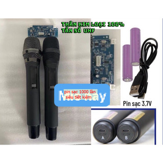 Micro mạch không dây uhf  vàng xi bóng sóng xa 50m  2 miro tặng kèm 2 pin to 18650  có chỉnh âm