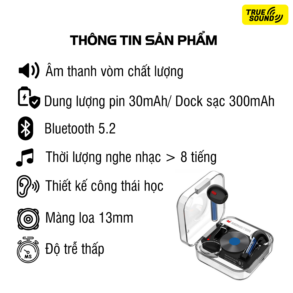 Tai nghe Bluetooth MONSTER XKT01 V5.2. Thiết kế 2023 công thái học, giảm tiếng ồn, chống nước IPX4.