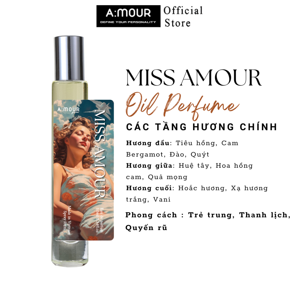 Tinh Dầu Nước Hoa Nữ Miss Amour Nguyên Liệu Nhập Pháp Hương Thơm Dịu Dàng Nữ Tính, Thanh lịch 10ml và 2ml - Dạng Xịt