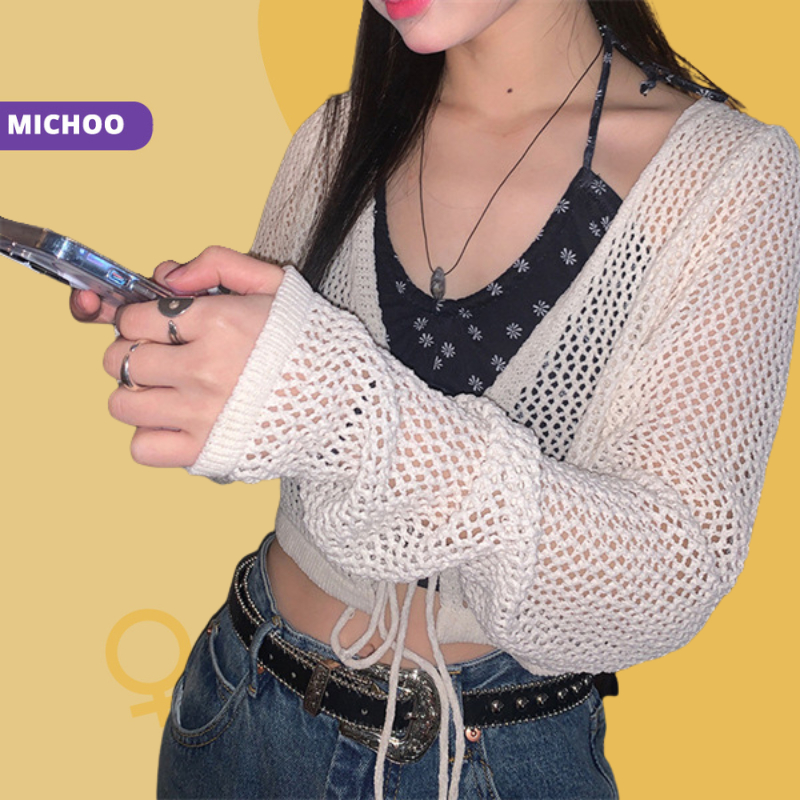 Áo Croptop Len Lưới MICHOO Dáng Cardigan Khoác Ngoài