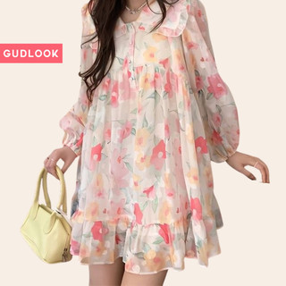Đầm Váy Voan Ngắn GUDLOOK Babydoll Kiểu Hàn Quốc Hoạ Tiết Hoa Hồng