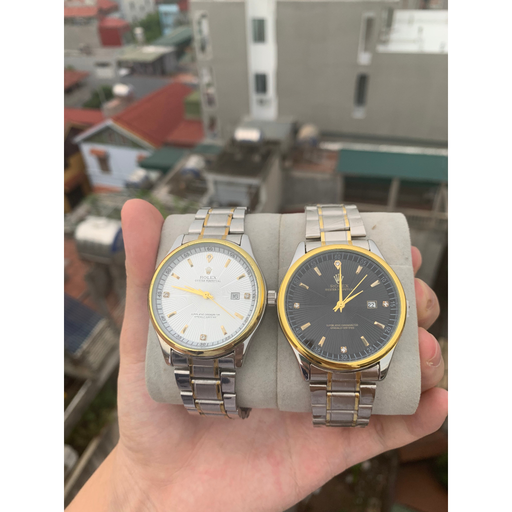 Đồng hồ nam dây kim loại, đồng hồ dây kim loại viền màu vàng roleck size 40 mặt trắng đen ocdong.store