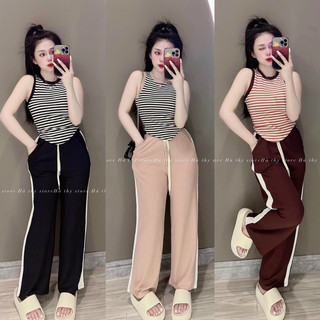 Set áo thun ba lỗ quần suông chất gân tăm