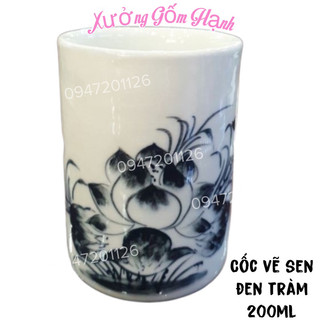 Cốc ly sứ dáng trụ vẽ sen chàm 200ml h10 × d7. cốc sứ bát tràng. cốc uống nước, cốc uống trà xanh