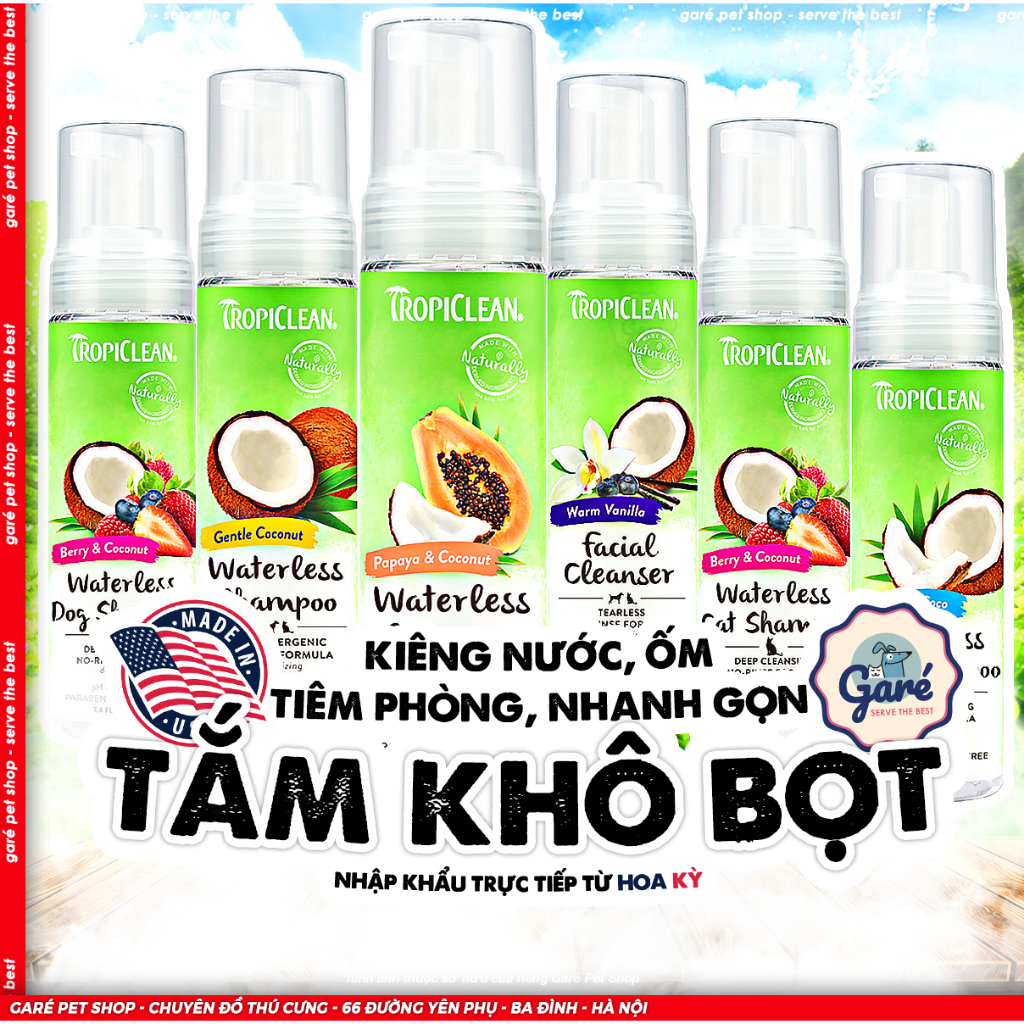 Bọt tắm khô TropiClean cho Chó Mèo thiên nhiên Waterless Shampoo & OxyMed Hairball Relief sạch sẽ dưỡng ẩm dầu tắm khô