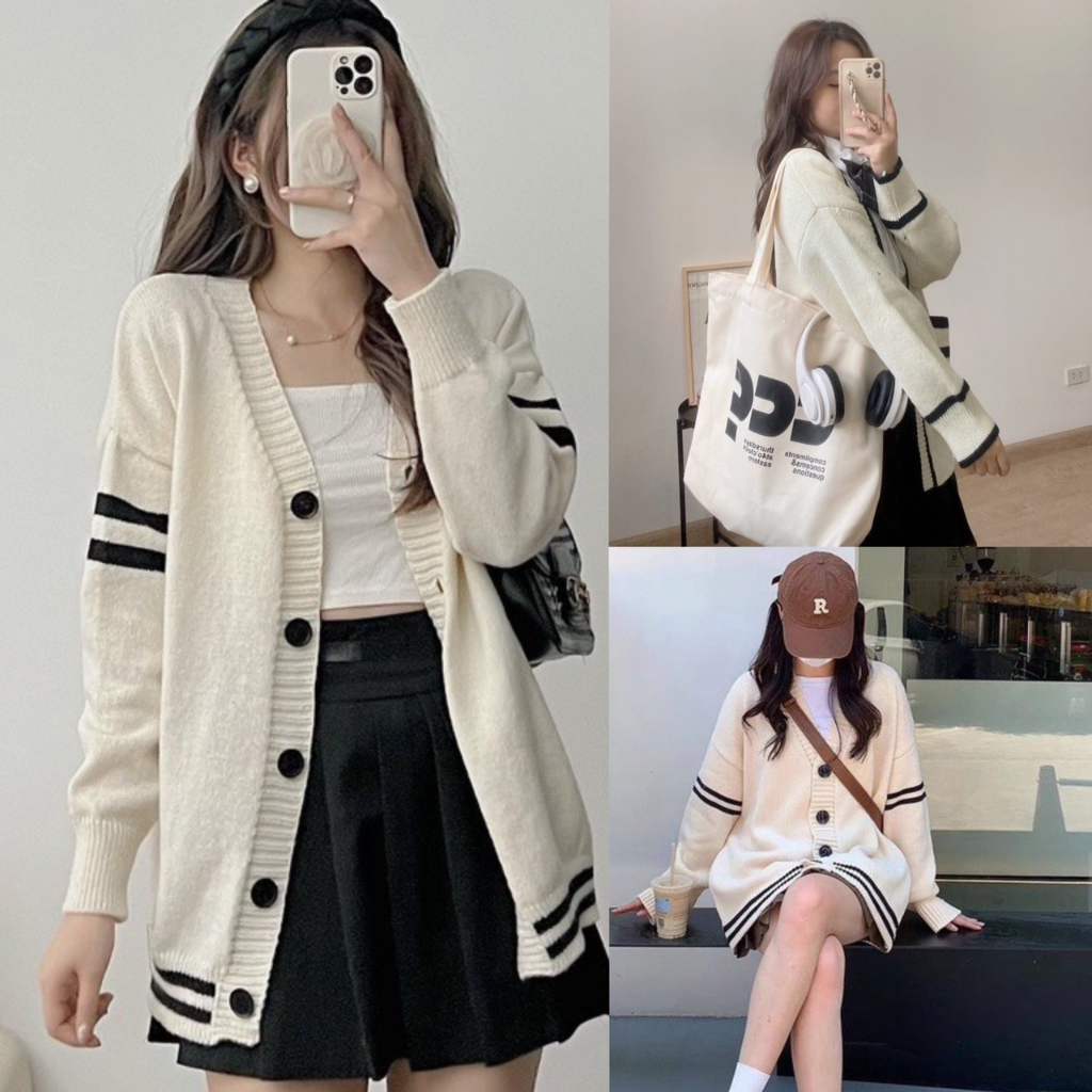 Áo len cardigan màu be cài cúc viền sọc nổi bật CDGlenvachtay9916 P7K1