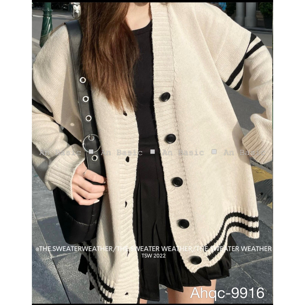 Áo len cardigan màu be cài cúc viền sọc nổi bật CDGlenvachtay9916 P7K1