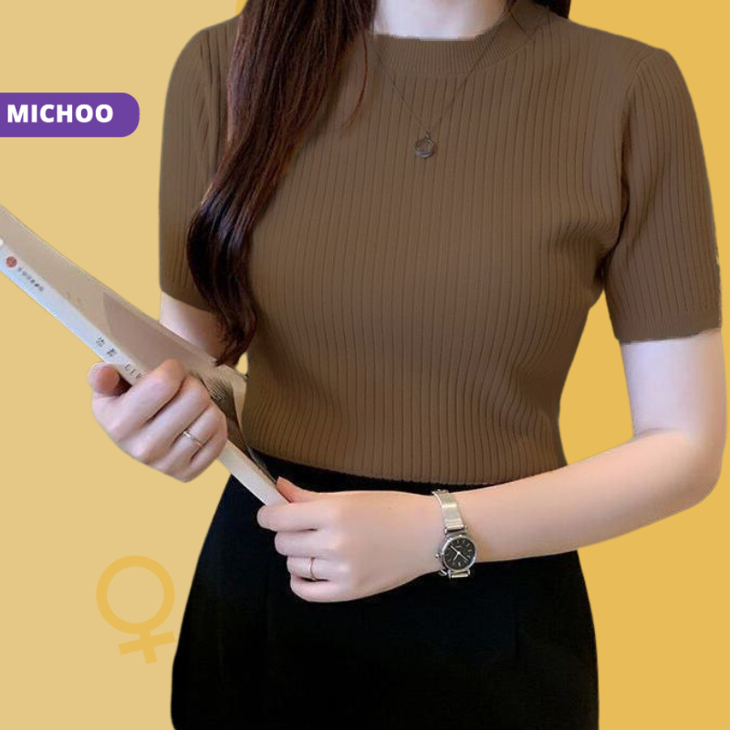 Áo Len MICHOO thun tăm trơn basic form rộng cổ tròn tay ngắn nhiều màu