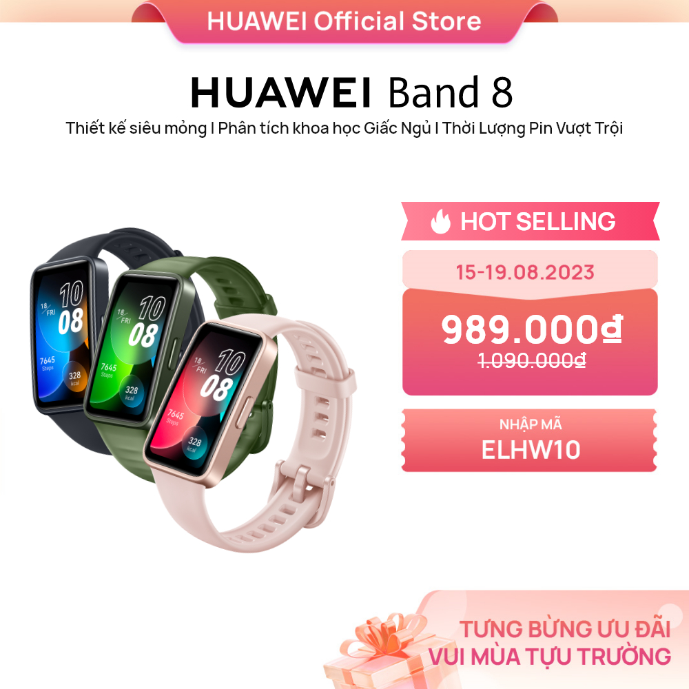 [Mã ELHW10 giảm 500K đơn 500K] Vòng đeo tay thông minh HUAWEI Band 8 | Thiết kế siêu mỏng | Phân tích khoa học Giấc Ngủ