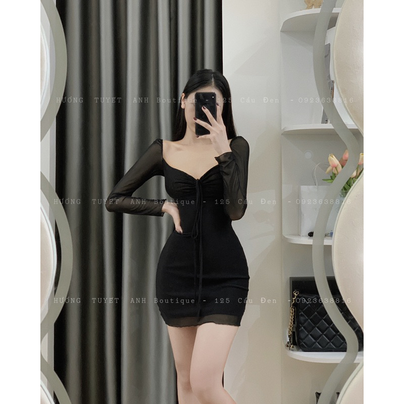 Đầm body mini sheer lưới tay dài cuốn biên dây ngực (hình chính chủ )