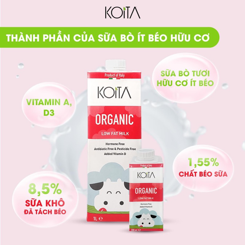 Sữa bò ít béo hữu cơ Koita 200ml