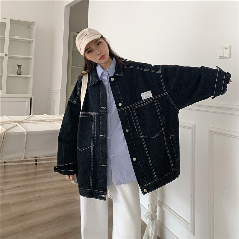 Áo khoác bò,Denim Jean form rộng Unisex nam nữ thêu logo hai màu xanh,đen chất bò dày dặn cá tính phong cách Ulzzang