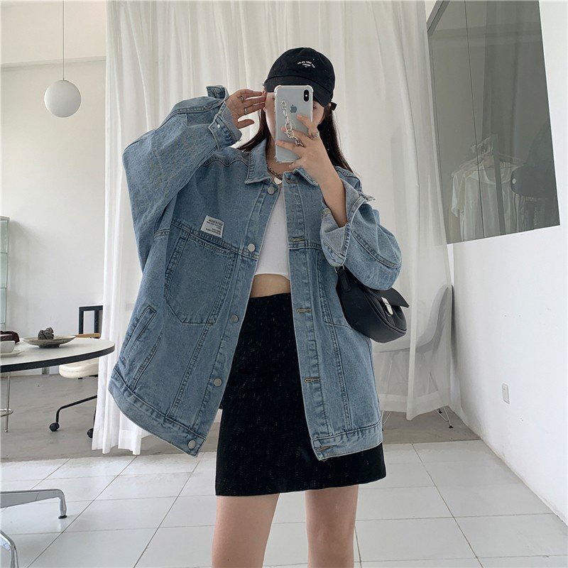 Áo khoác bò,Denim Jean form rộng Unisex nam nữ thêu logo hai màu xanh,đen chất bò dày dặn cá tính phong cách Ulzzang