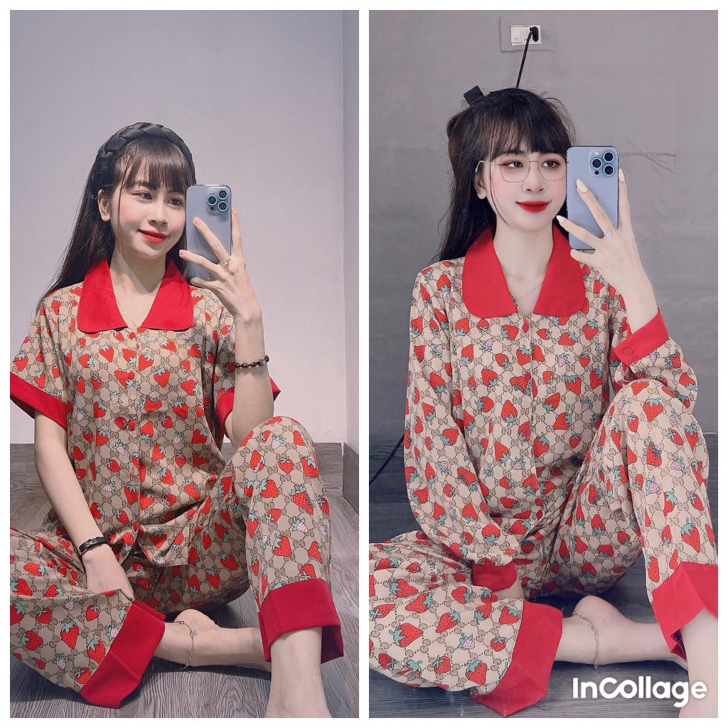 Bộ pijama dâu đỏ cổ sen tay dài + ngắn dễ thương