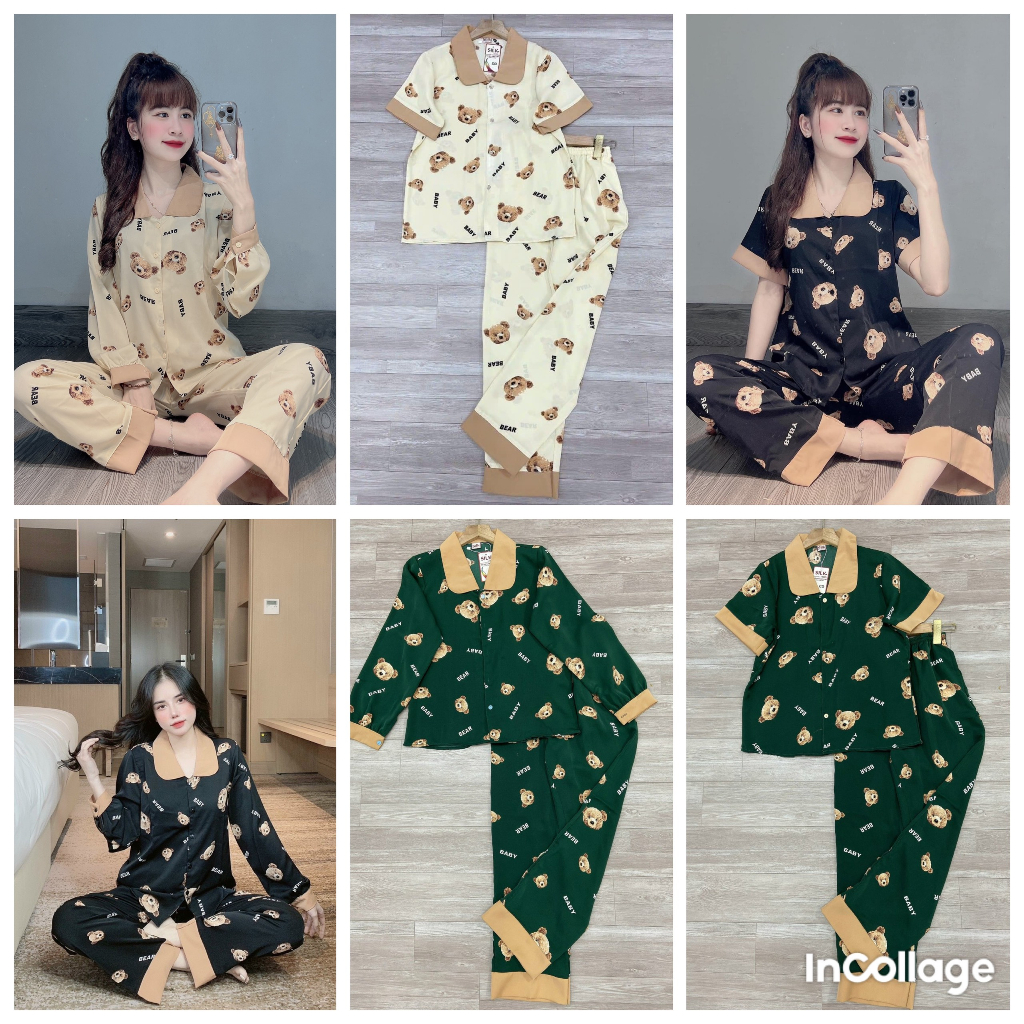 Bộ pijama họa tiết gấu cổ sen lụa mango