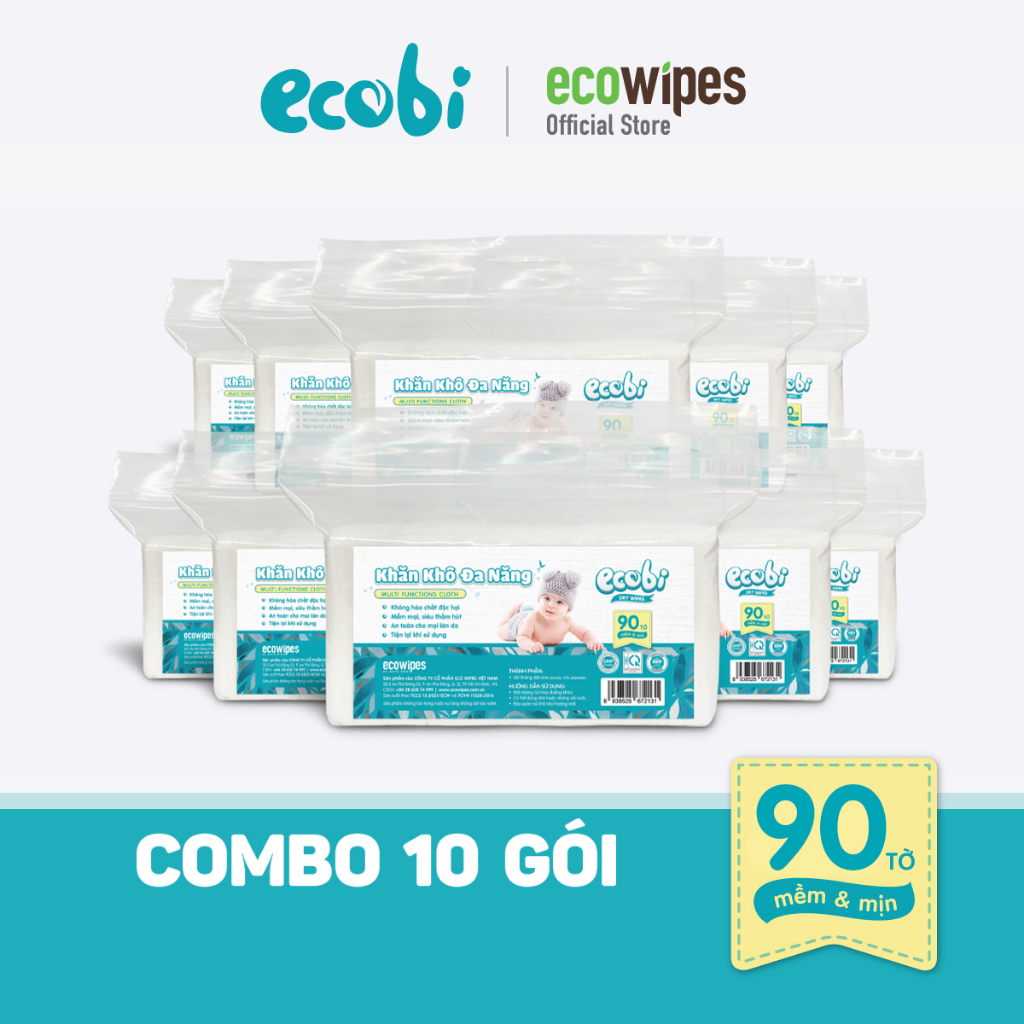Combo 10 túi khăn khô đa năng cao cấp cho bé Ecowipes túi 90 tờ siêu tiết kiệm mềm mịn dai thấm hút tốt