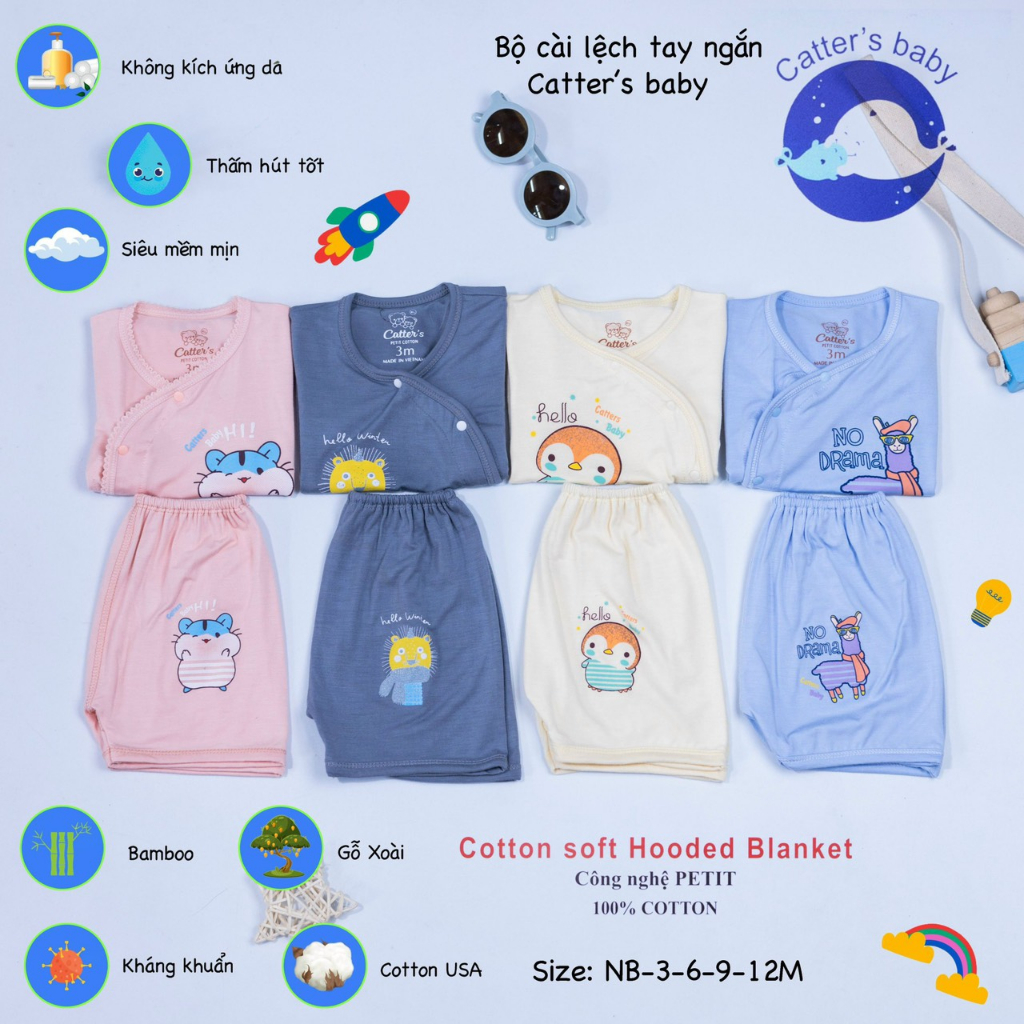 Bộ Cài Lệch Sơ Sinh Tay ngắn Thun Lạnh 4 màu MTK