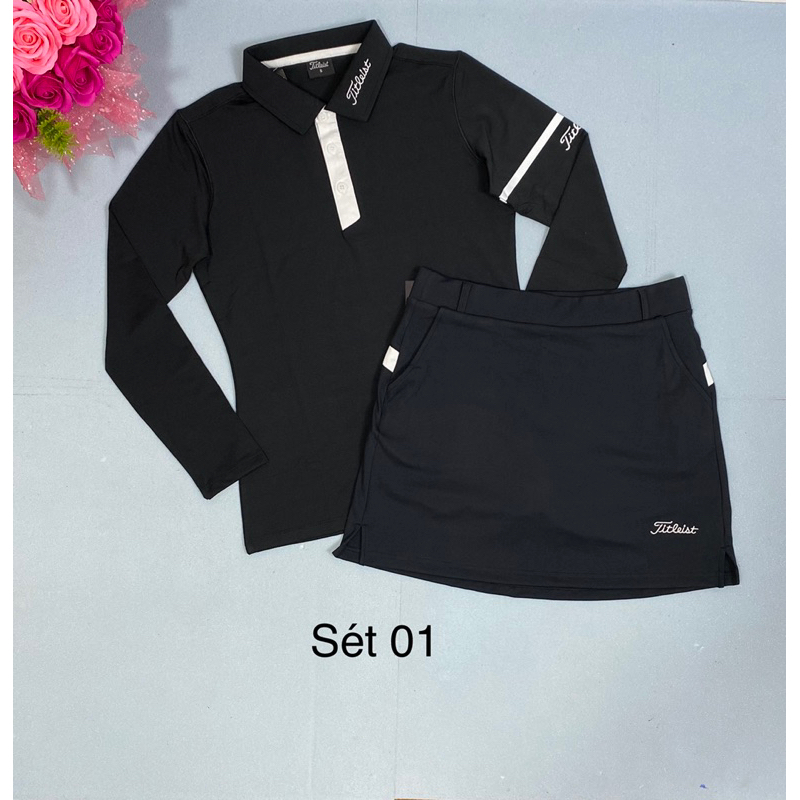 Sét áo dài tay và chân váy golf, tennis, cầu lông nữ xinh, thun co giãn, chât đẹp mịn.