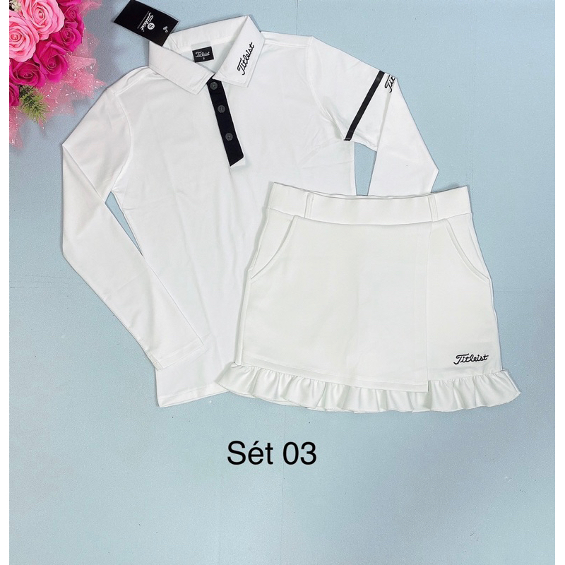 Sét áo dài tay và chân váy golf, tennis, cầu lông nữ xinh, thun co giãn, chât đẹp mịn.